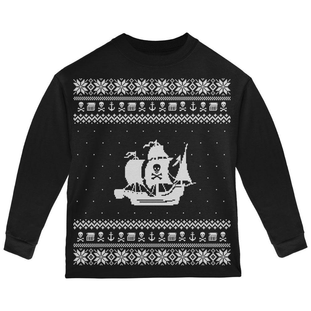 Pirate Ship Ugly Christmas Sweater Black Toddler Long Sleeve T-Shirt