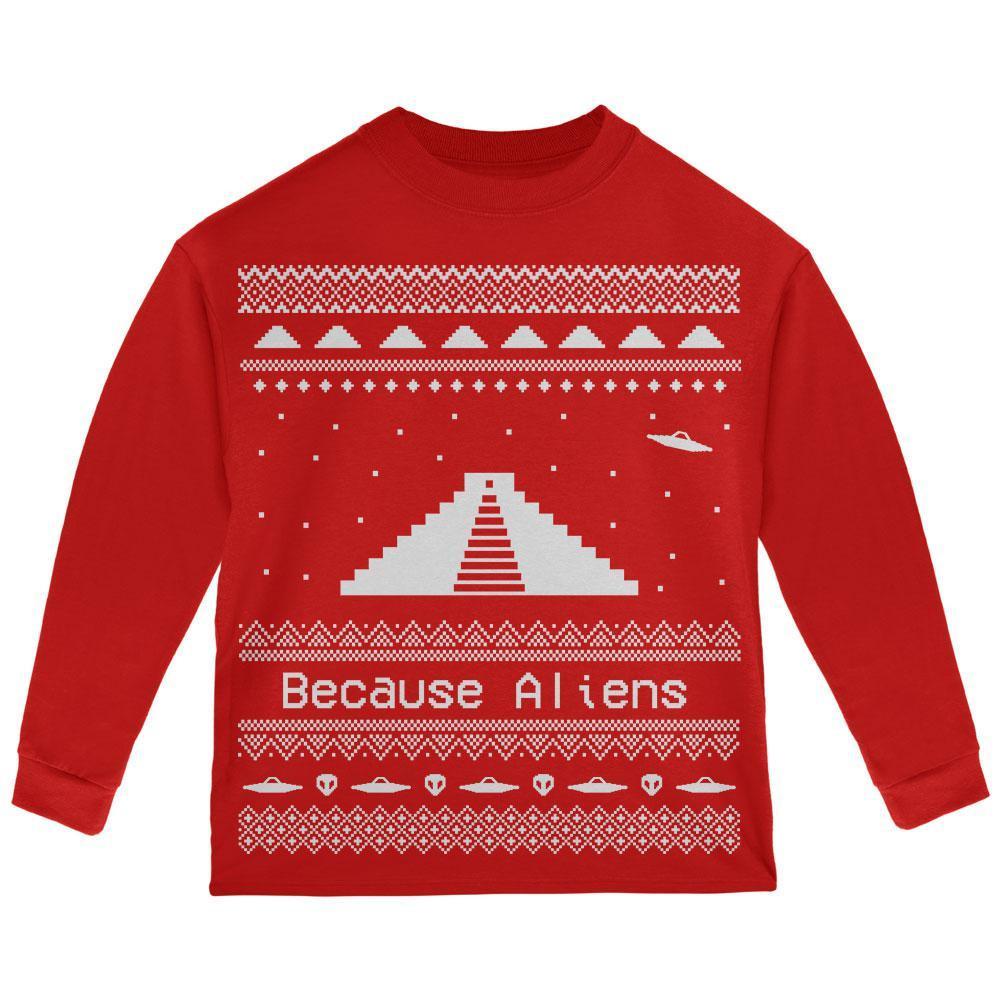 Ancient Aliens Ugly Christmas Sweater Red Toddler Long Sleeve T-Shirt
