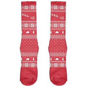 Santa Sleigh Ugly Christmas Sweater Red All Over Crew Socks