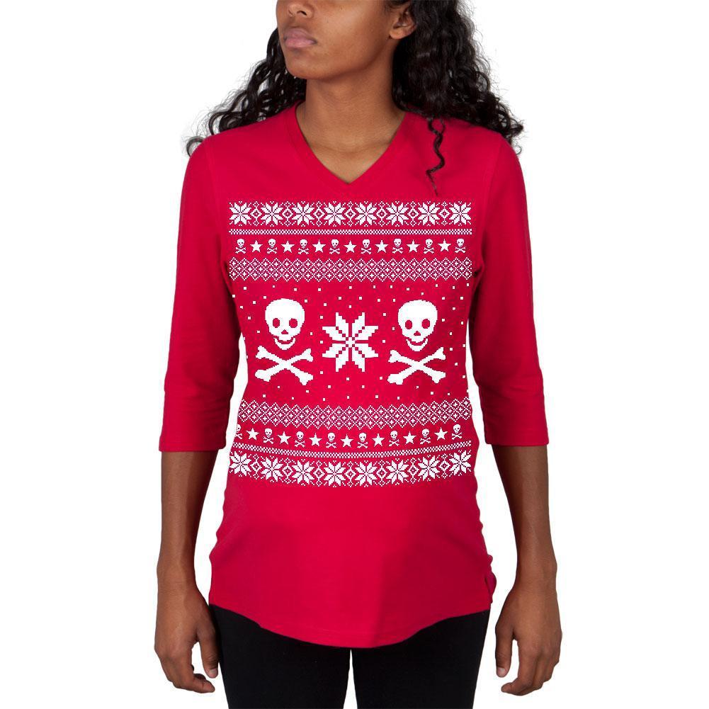Skull & Crossbones Ugly Christmas Sweater Red Maternity 3/4 sleeve T-shirt