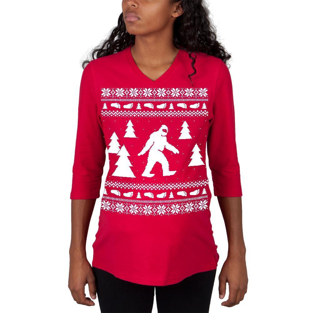 Sasquatch Ugly Christmas Sweater Red Maternity 3/4 sleeve T-shirt