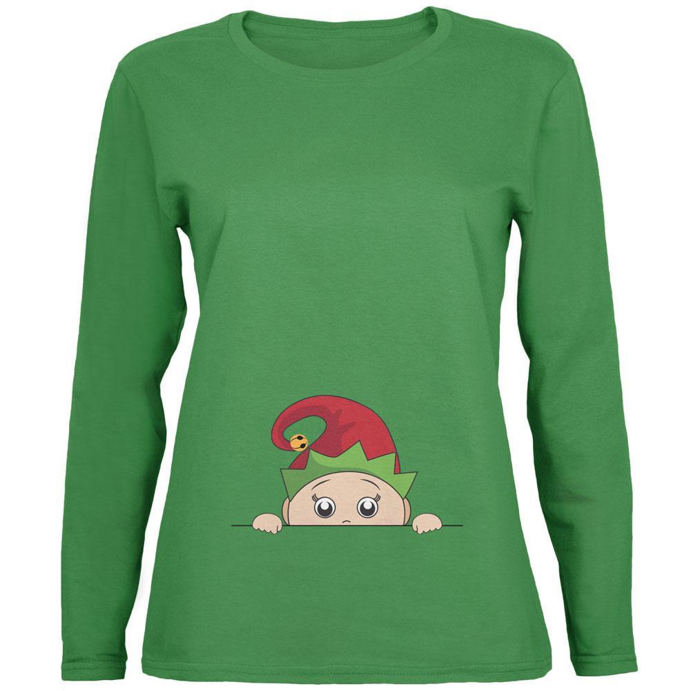 Christmas Peeking Baby Elf Green Womens Long Sleeve T-Shirt