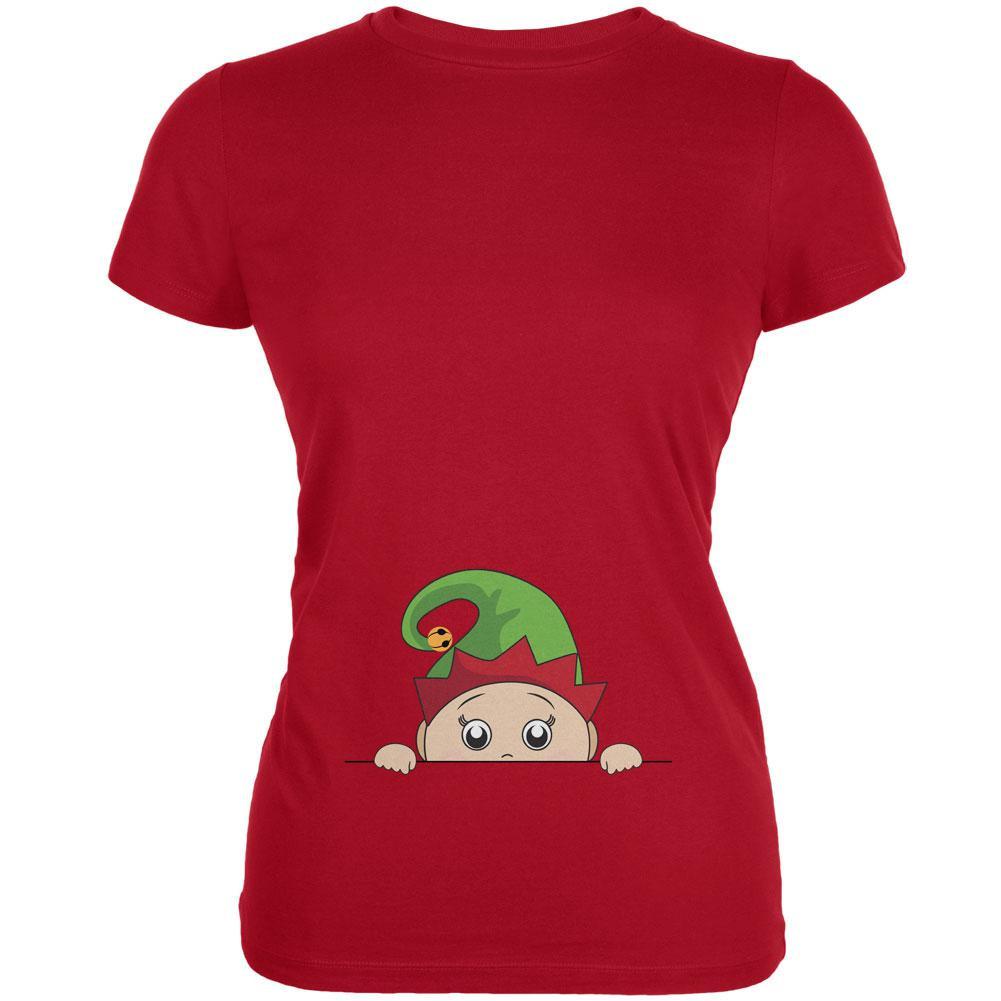 Christmas Peeking Baby Elf Red Juniors Soft T-Shirt