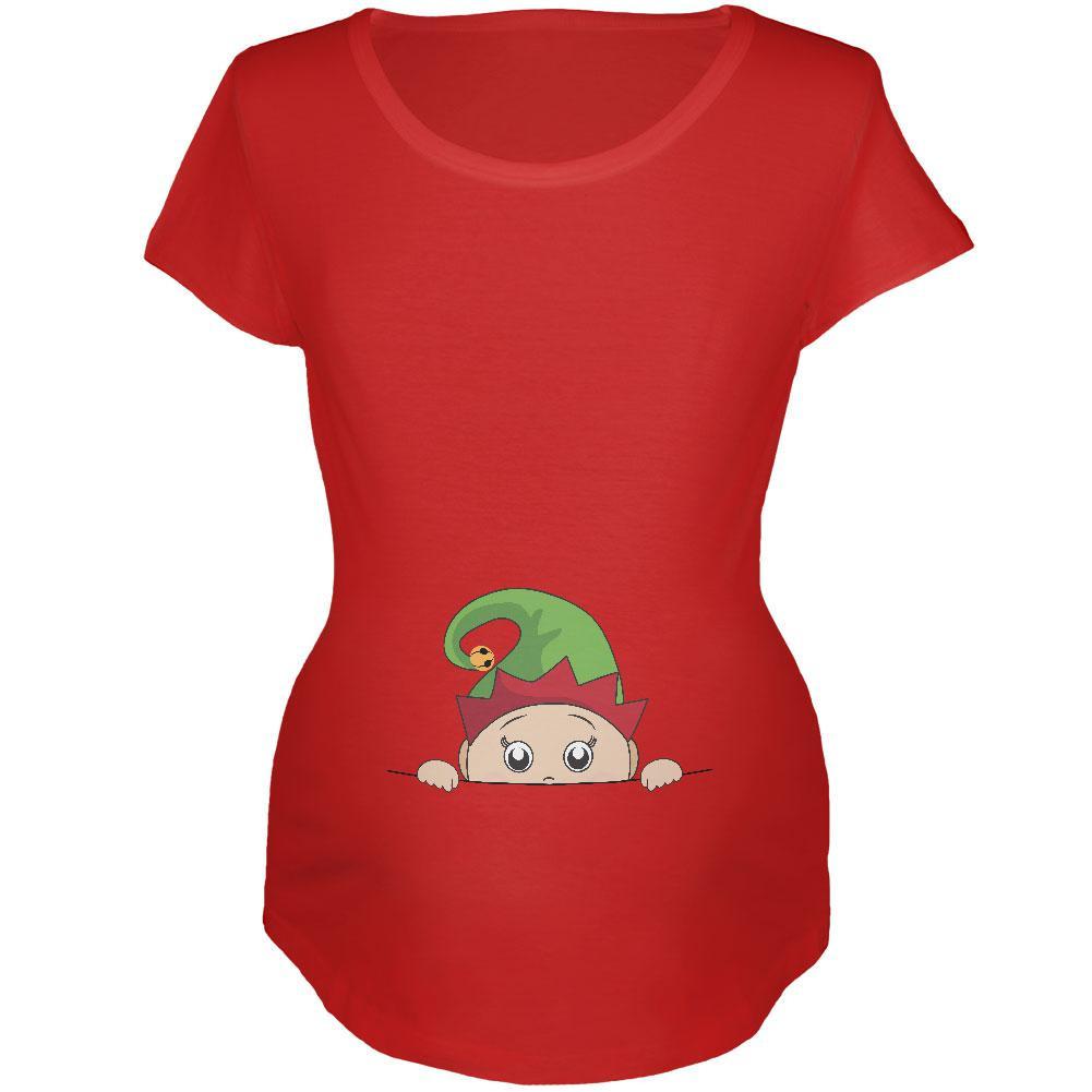 Christmas Peeking Baby Elf Red Maternity Soft T-Shirt