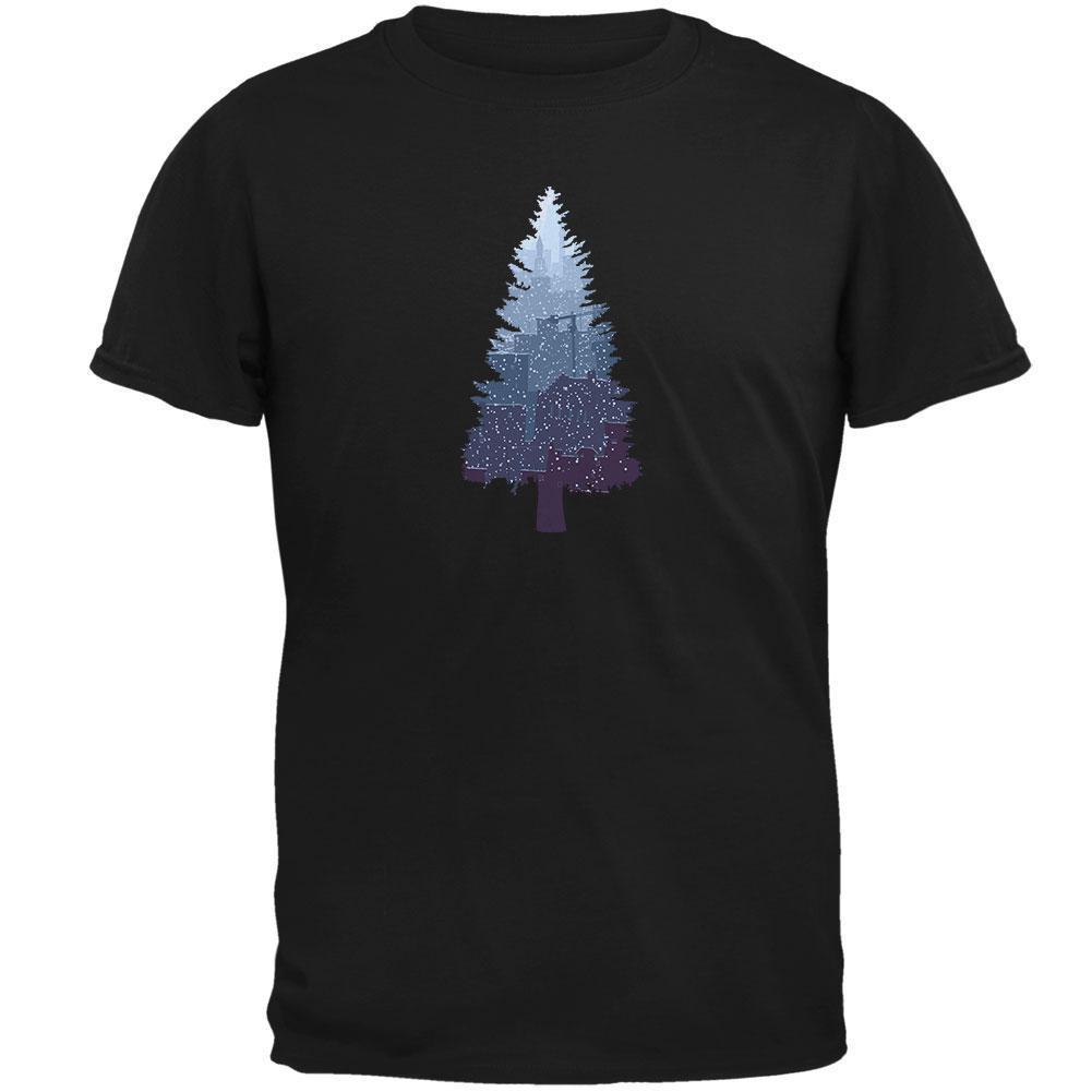 Christmas Tree Snowy City Black Adult T-Shirt