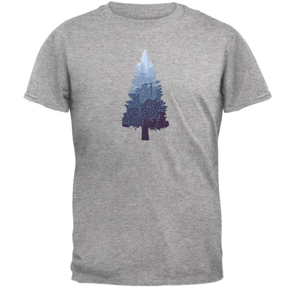 Christmas Tree Snowy City Heather Grey Adult T-Shirt