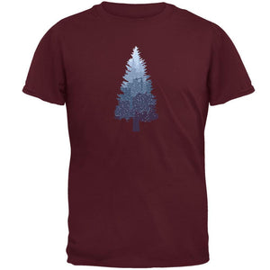Christmas Tree Snowy City Maroon Adult T-Shirt