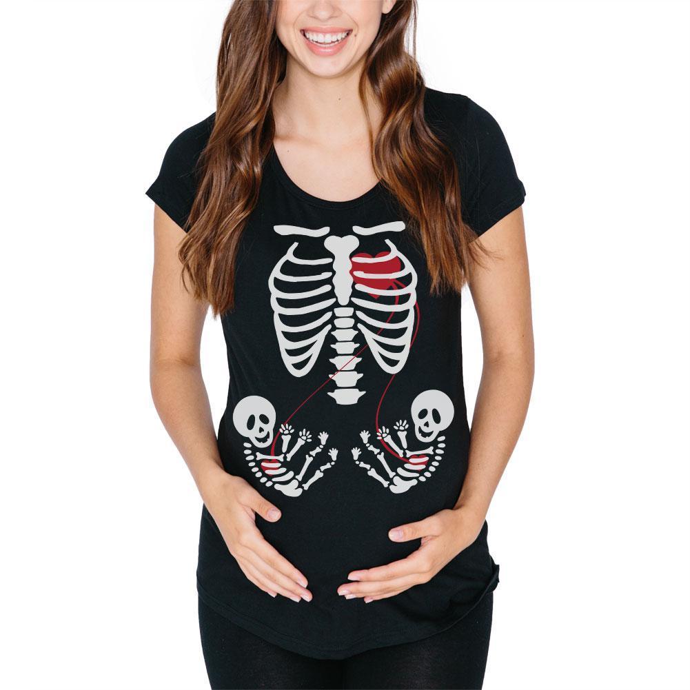 Halloween Twin Baby Skeletons Black Maternity Soft T-Shirt