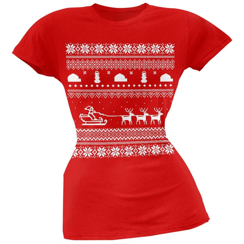 Santa Sleigh Ugly Christmas Sweater Red Juniors T-Shirt