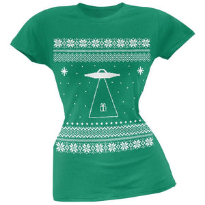 Alien Beam Ugly Christmas Sweater Green Juniors T-Shirt