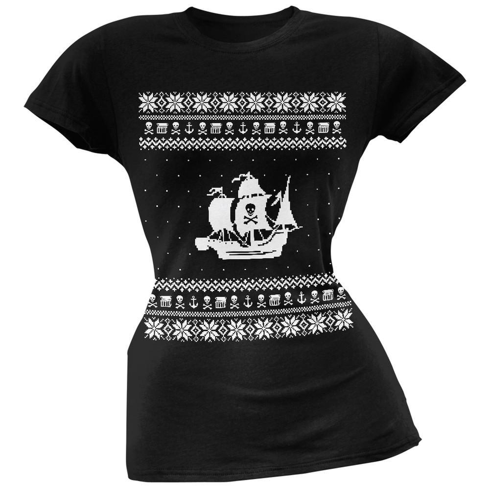 Pirate Ship Ugly Christmas Sweater Black Juniors T-Shirt