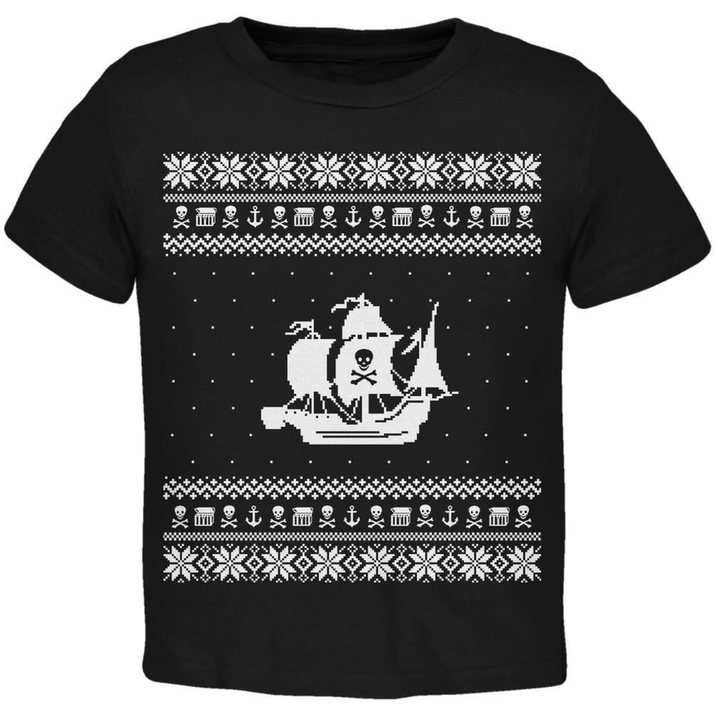 Pirate Ship Ugly Christmas Sweater Black Toddler T-Shirt