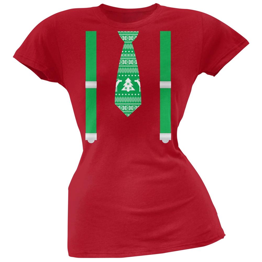 Ugly Christmas Sweater Tie With Suspenders Green Soft Juniors T-Shirt