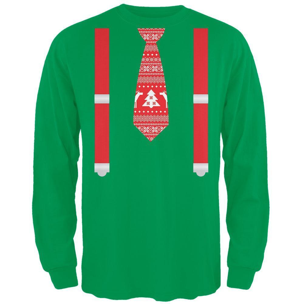 Ugly Christmas Sweater Tie With Suspenders Green Adult Long Sleeve T-Shirt