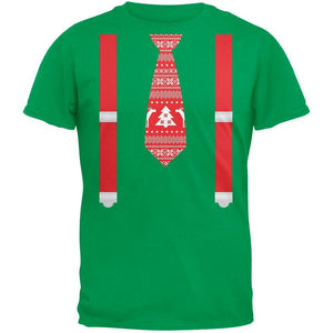 Ugly Christmas Sweater Tie With Suspenders Green Adult T-Shirt