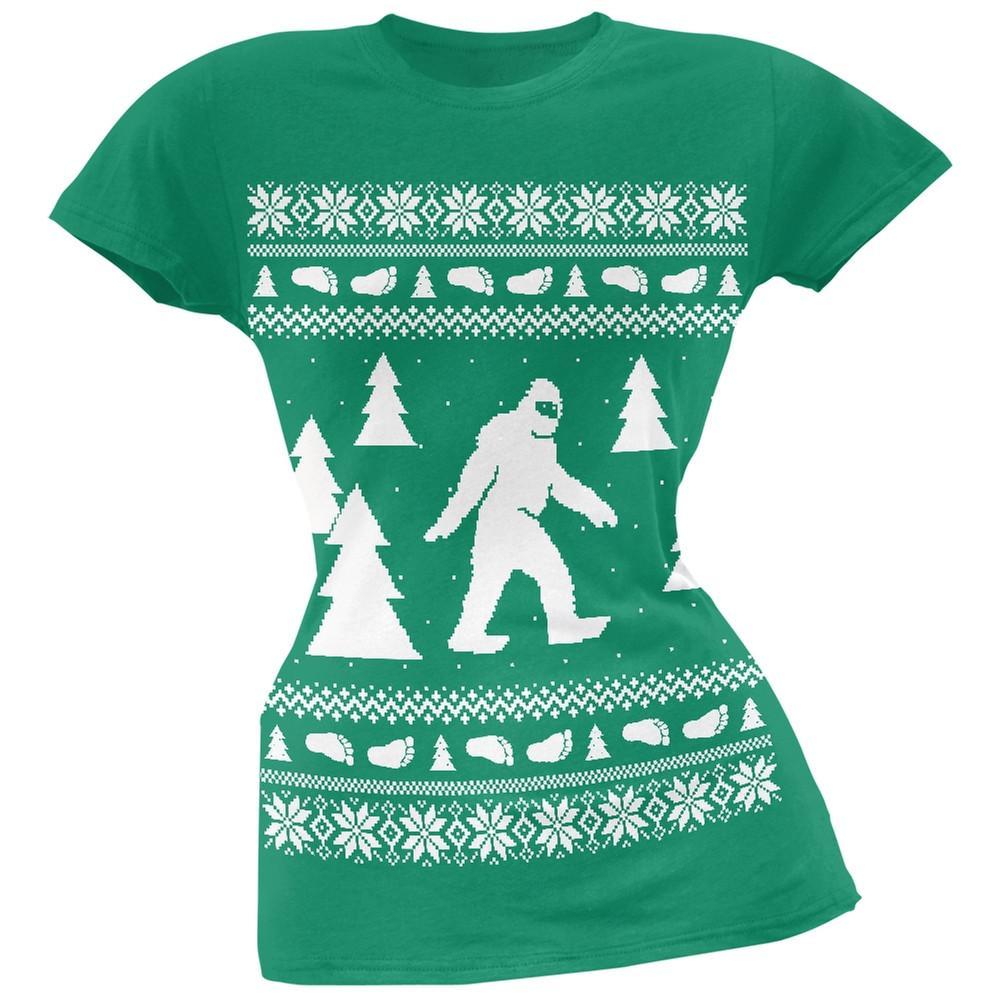 Sasquatch Ugly Christmas Sweater Green Soft Juniors T-Shirt