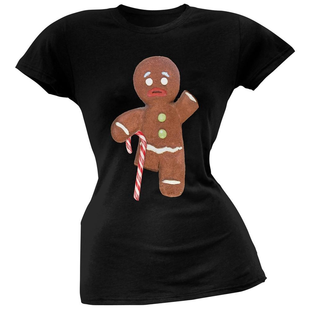 Ginger Bread Man With Candy Cane Crutch Black Soft Juniors T-Shirt