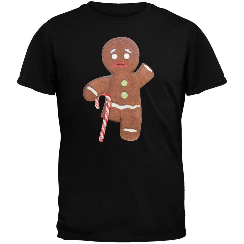 Ginger Bread Man With Candy Cane Crutch Black Adult T-Shirt