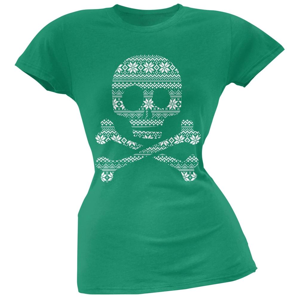 Skull & Crossbones Silhouette Ugly Christmas Sweater Black Soft Juniors T-Shirt