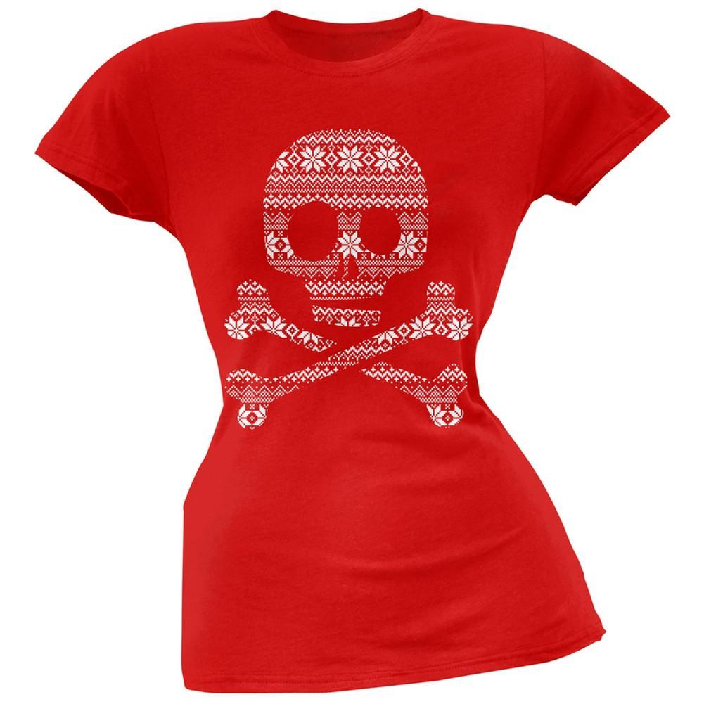 Skull & Crossbones Silhouette Ugly Christmas Sweater Black Soft Juniors T-Shirt
