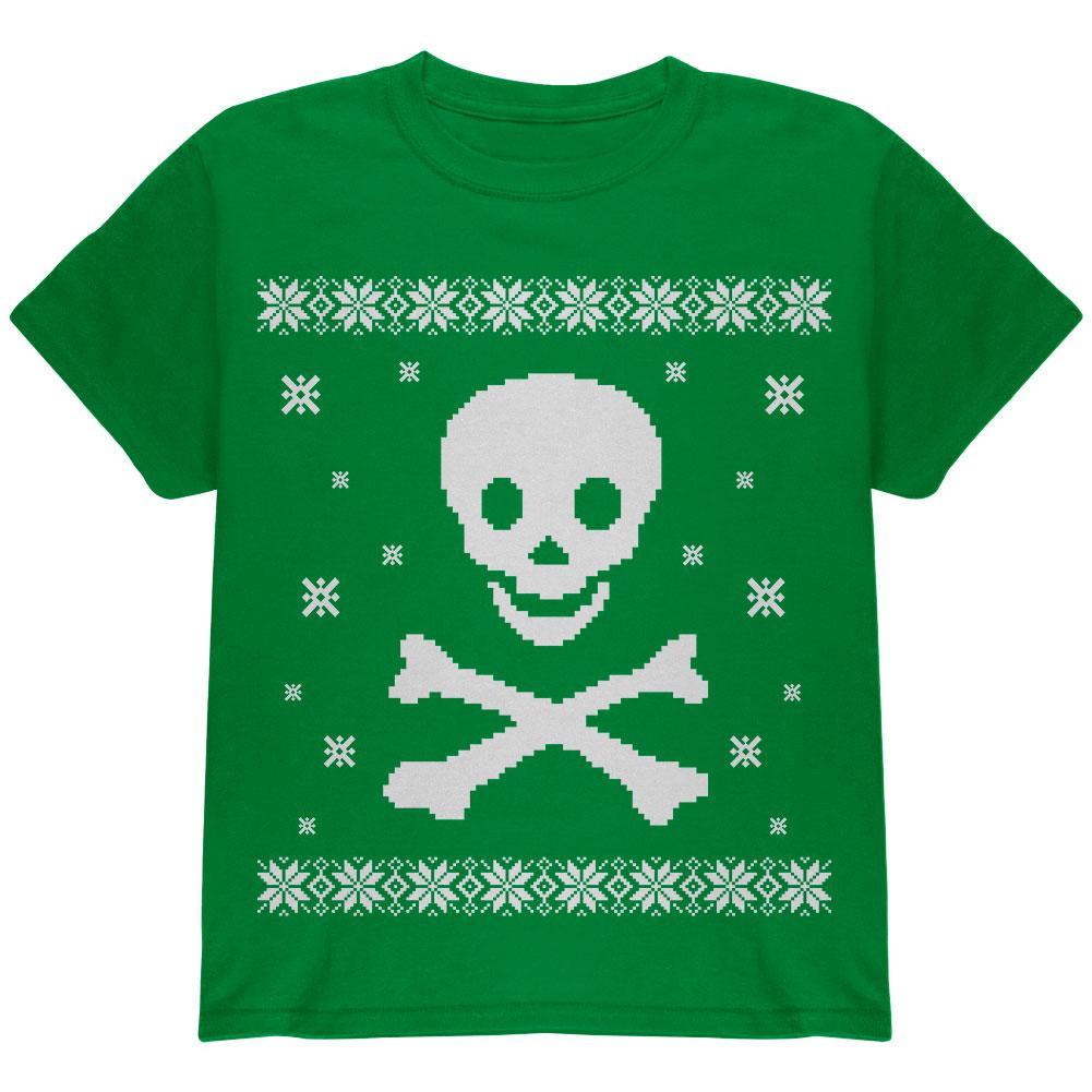Big Skull & Crossbones Ugly Christmas Sweater Green Youth T-Shirt