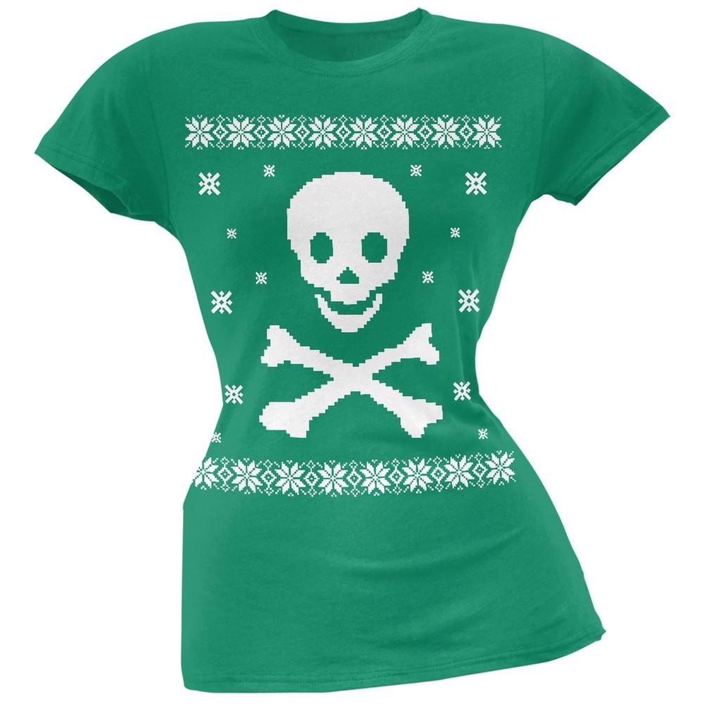 Big Skull & Crossbones Ugly Christmas Sweater Green Soft Juniors T-Shirt