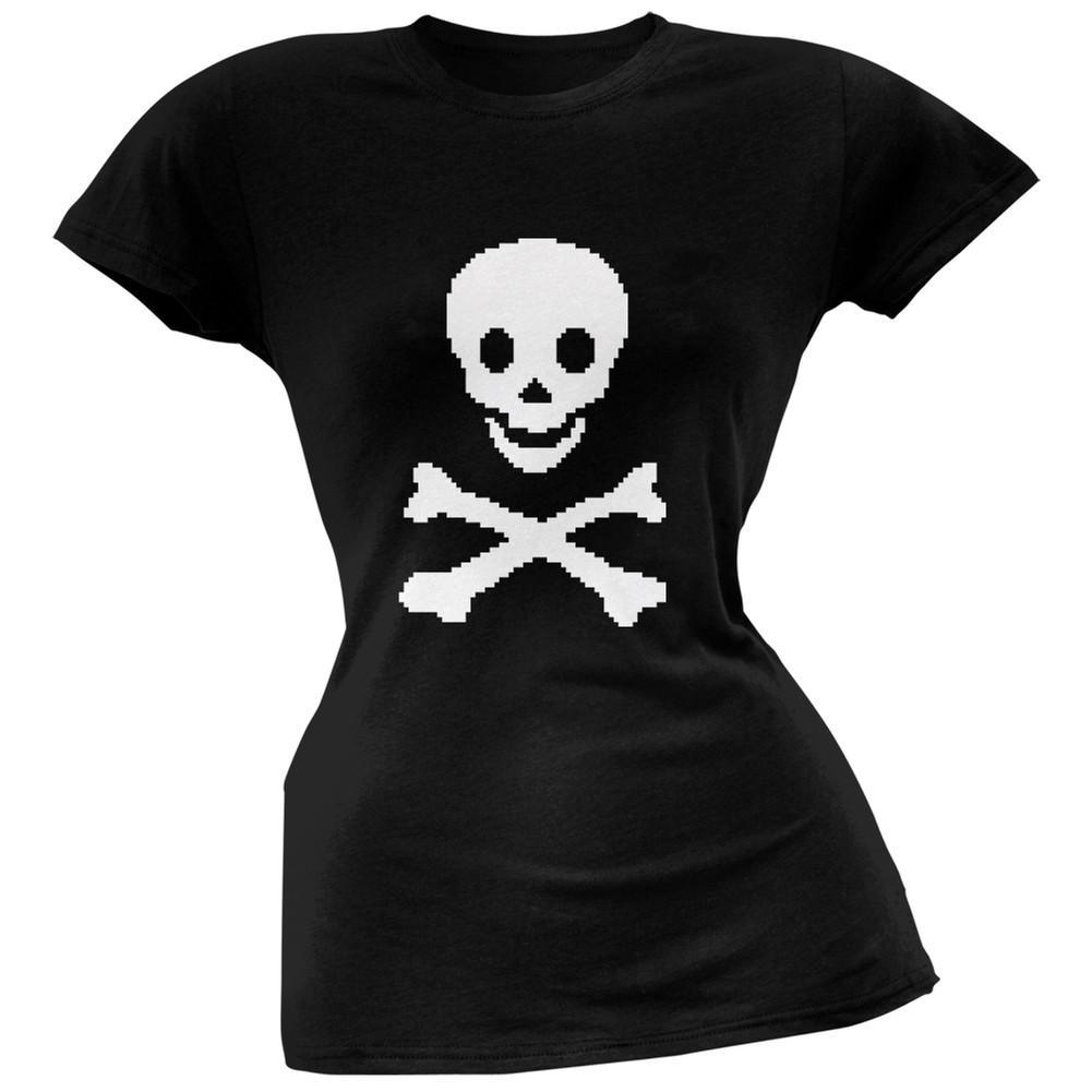 8-Bit Skull And Crossbones Black Soft Juniors T-Shirt