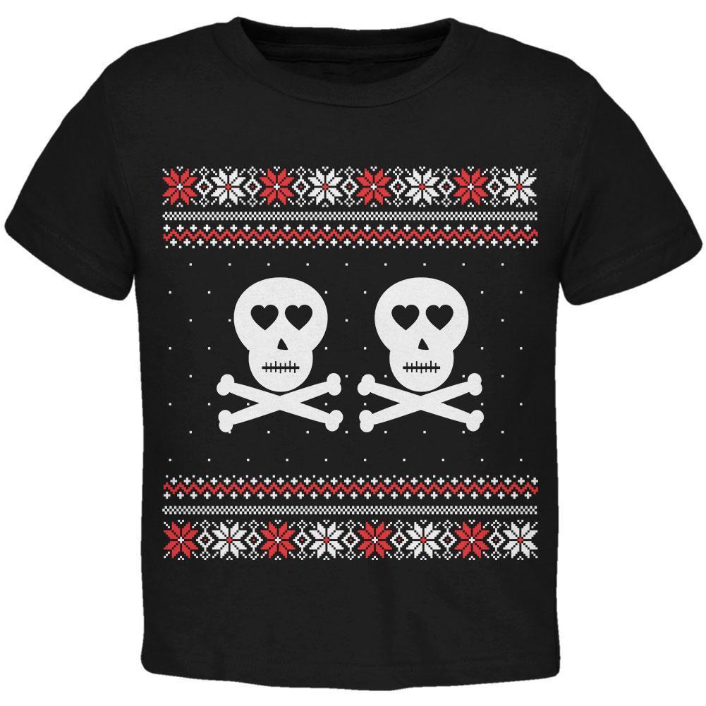 Skull and Crossbones Lovers Ugly Christmas Sweater Black Toddler T-Shirt