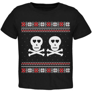 Skull and Crossbones Lovers Ugly Christmas Sweater Black Toddler T-Shirt