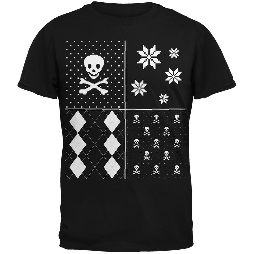 Skull and Crossbones Festive Blocks Ugly Christmas Sweater Black Adult T-Shirt