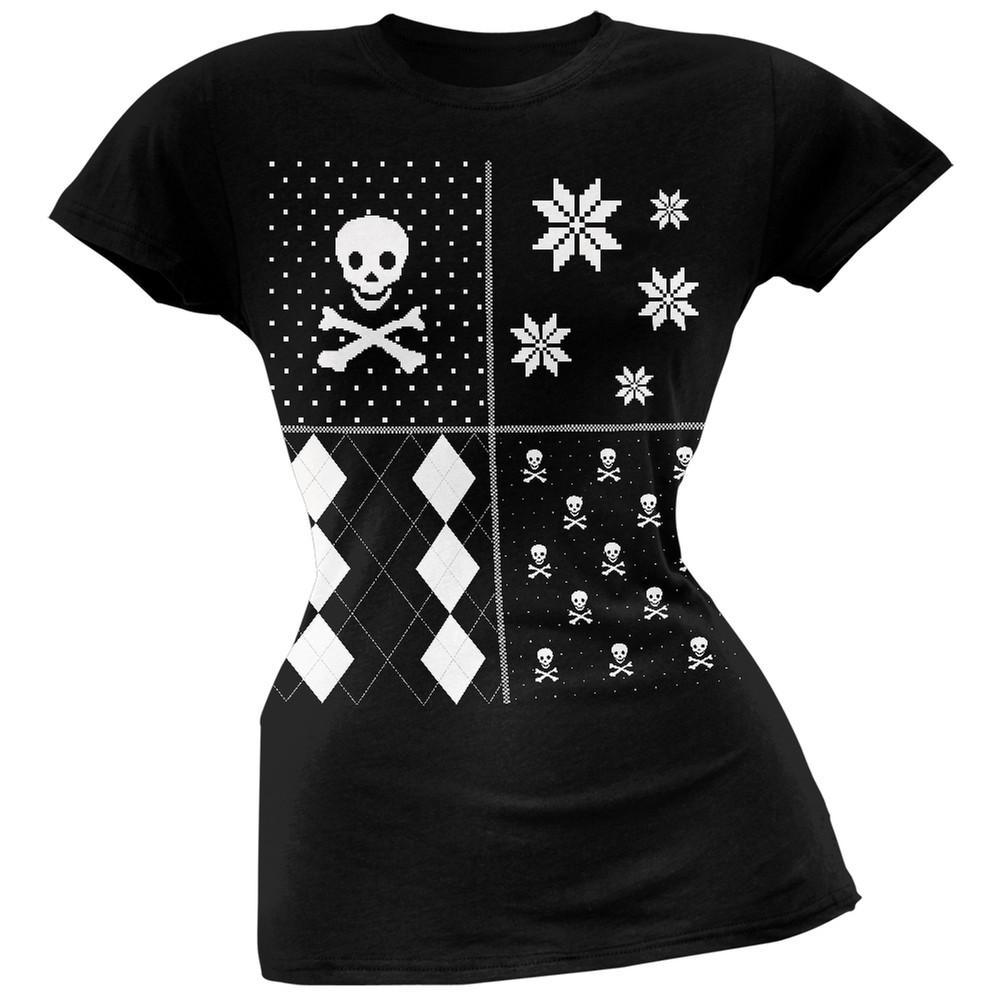 Skull and Crossbones Festive Blocks Ugly Christmas Sweater Black Soft Juniors T-Shirt