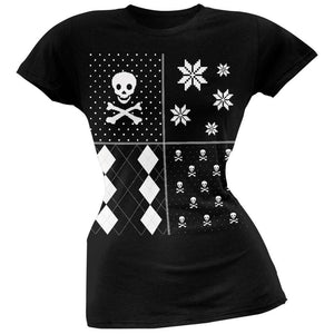 Skull and Crossbones Festive Blocks Ugly Christmas Sweater Black Soft Juniors T-Shirt