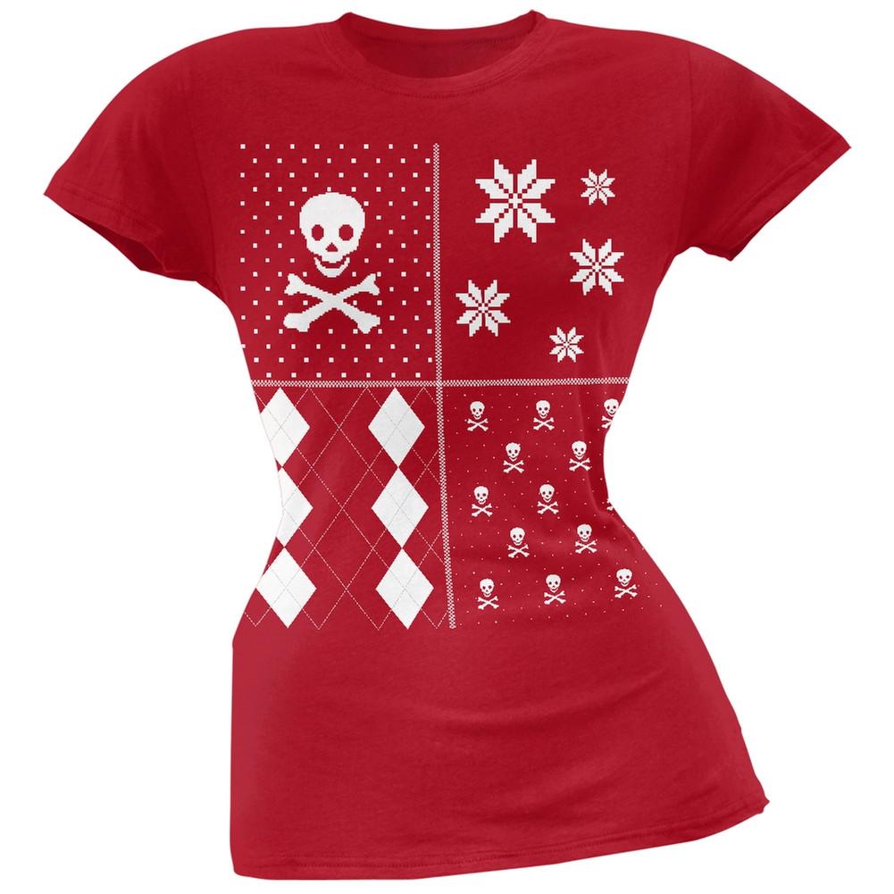 Skull and Crossbones Festive Blocks Ugly Christmas Sweater Black Soft Juniors T-Shirt
