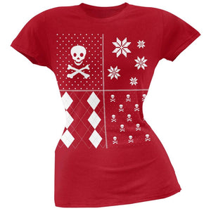 Skull and Crossbones Festive Blocks Ugly Christmas Sweater Black Soft Juniors T-Shirt