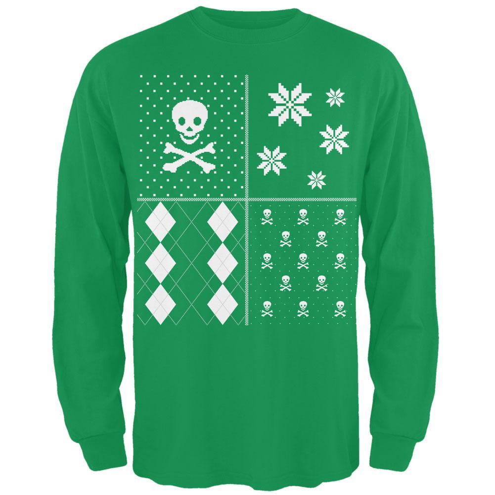 Skull and Crossbones Festive Blocks Ugly Christmas Sweater Black Long Sleeve T-Shirt