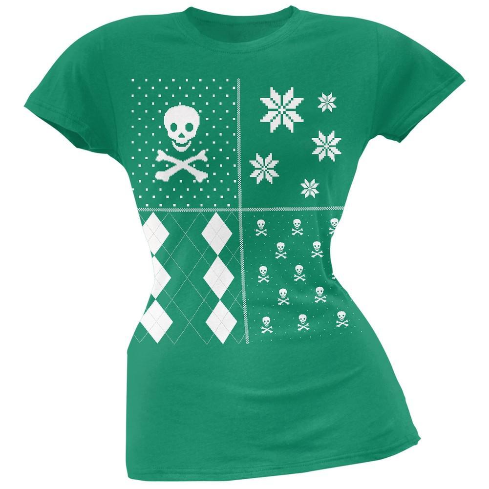Skull and Crossbones Festive Blocks Ugly Christmas Sweater Black Soft Juniors T-Shirt