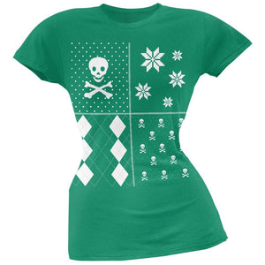 Skull and Crossbones Festive Blocks Ugly Christmas Sweater Black Soft Juniors T-Shirt