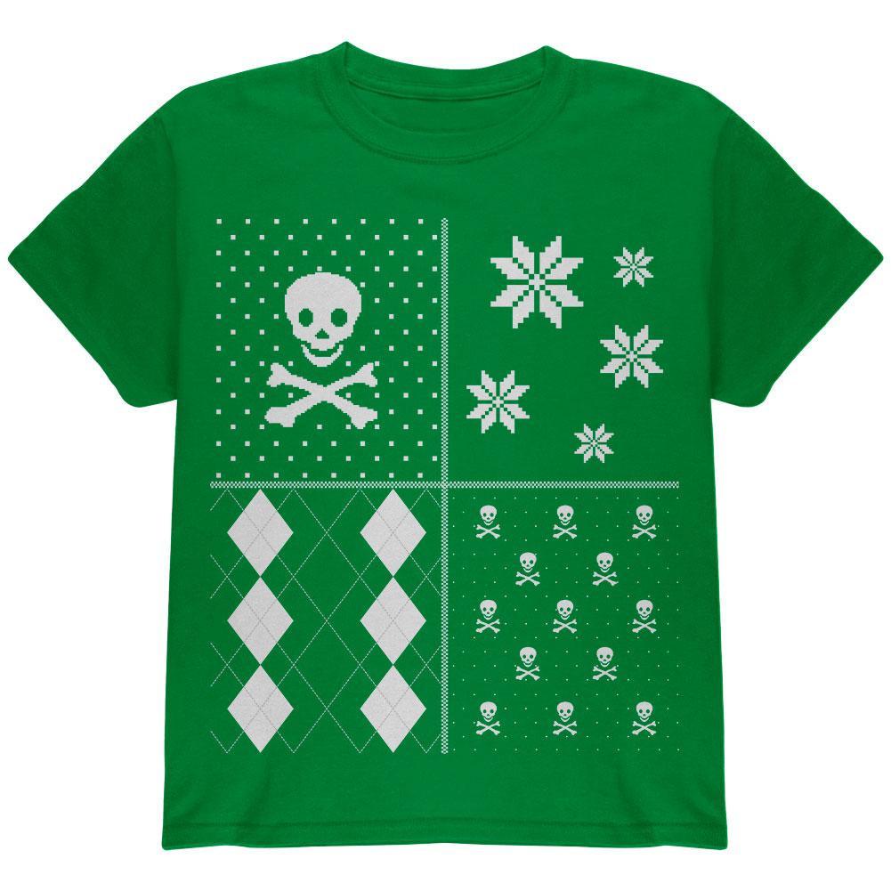 Skull and Crossbones Festive Blocks Ugly Christmas Sweater Black Youth T-Shirt