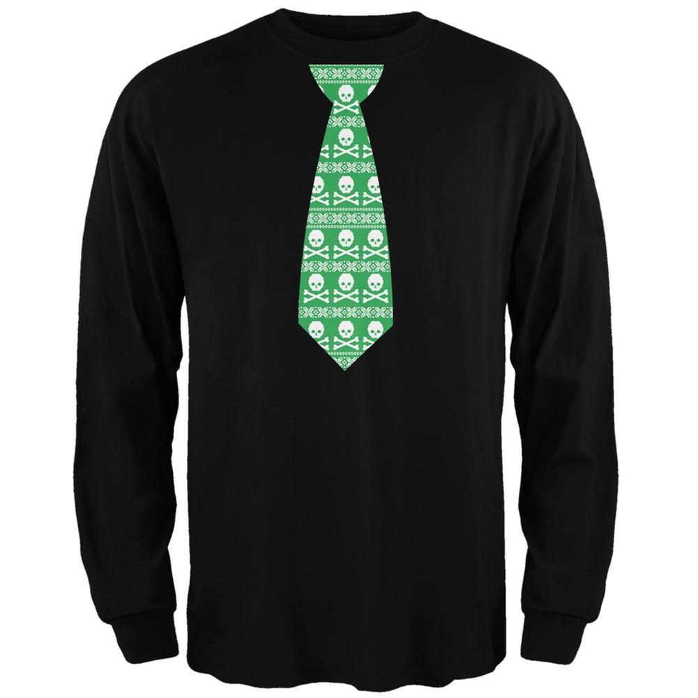 Skull And Crossbones Green Tie Ugly Christmas Sweater Black Adult Long Sleeve T-Shirt