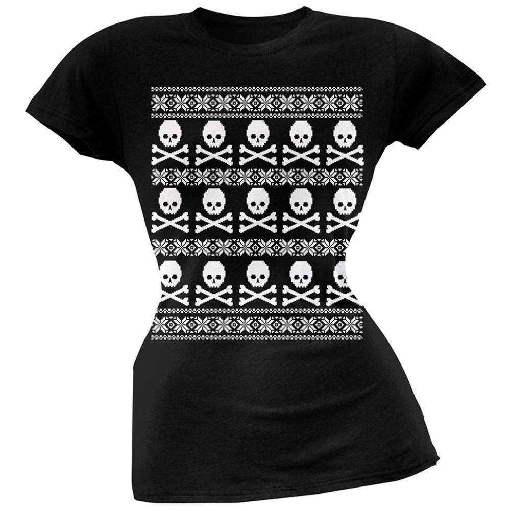 Big Skull And Crossbones Pattern Ugly Christmas Sweater Black Juniors T-Shirt