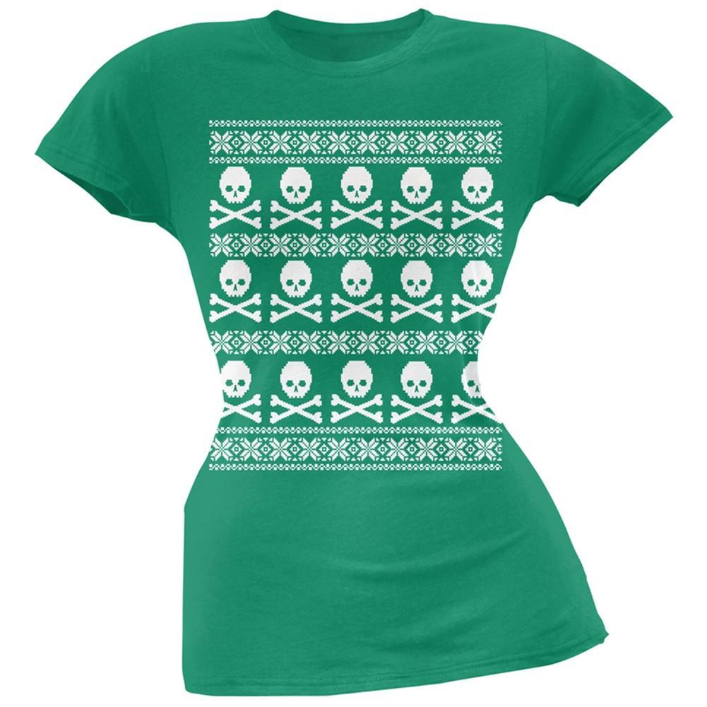 Big Skull And Crossbones Pattern Ugly Christmas Sweater Black Juniors T-Shirt
