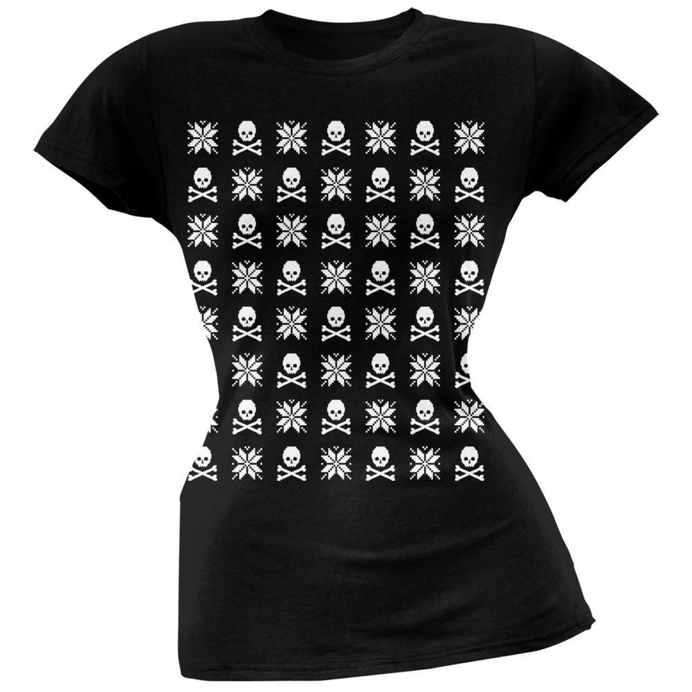 Skull And Crossbones Snowflake Ugly Christmas Sweater Black Juniors T-Shirt