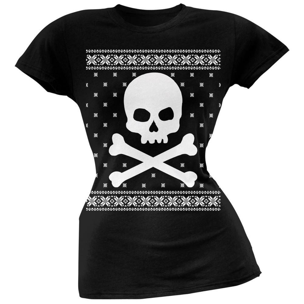 Giant Skull And Crossbones Ugly Christmas Sweater Black Juniors T-Shirt