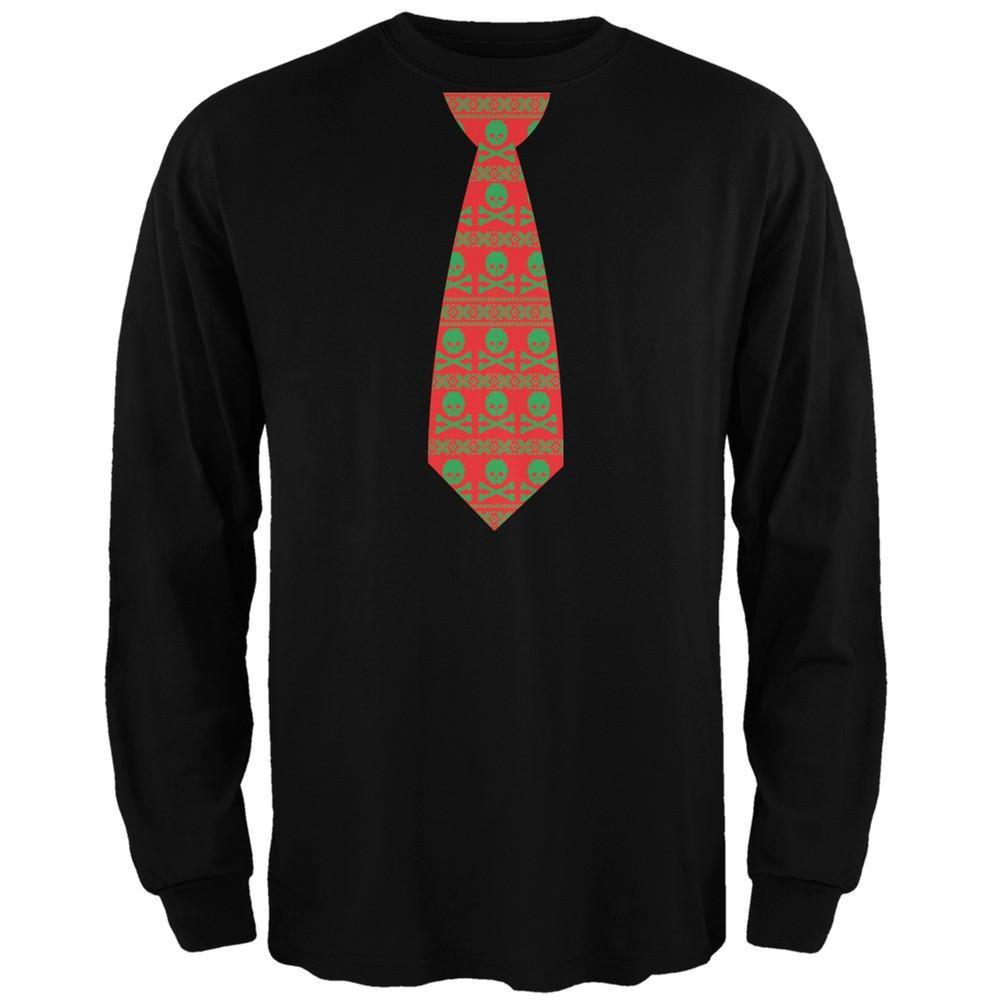Skull And Crossbones Festive Tie Ugly Christmas Sweater Black Adult Long Sleeve T-Shirt