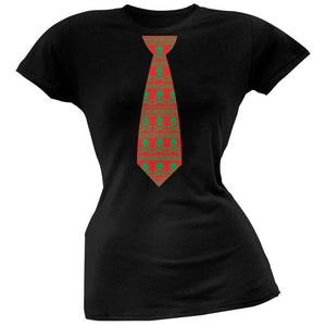 Skull And Crossbones Festive Tie Ugly Christmas Sweater Black Soft Juniors T-Shirt