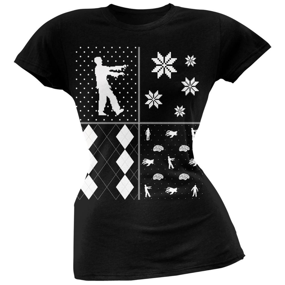 Zombies Festive Blocks Ugly Christmas Sweater Black Soft Juniors T-Shirt