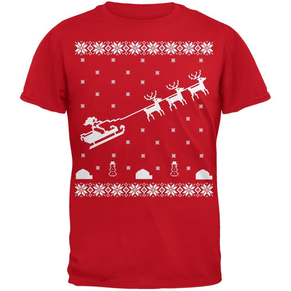 Flying Santa Sleigh Ugly Christmas Sweater Red Adult T-Shirt