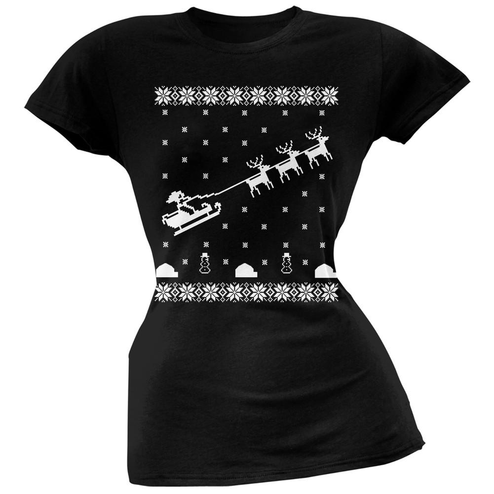 Flying Santa Sleigh Ugly Christmas Sweater Black Juniors T-Shirt