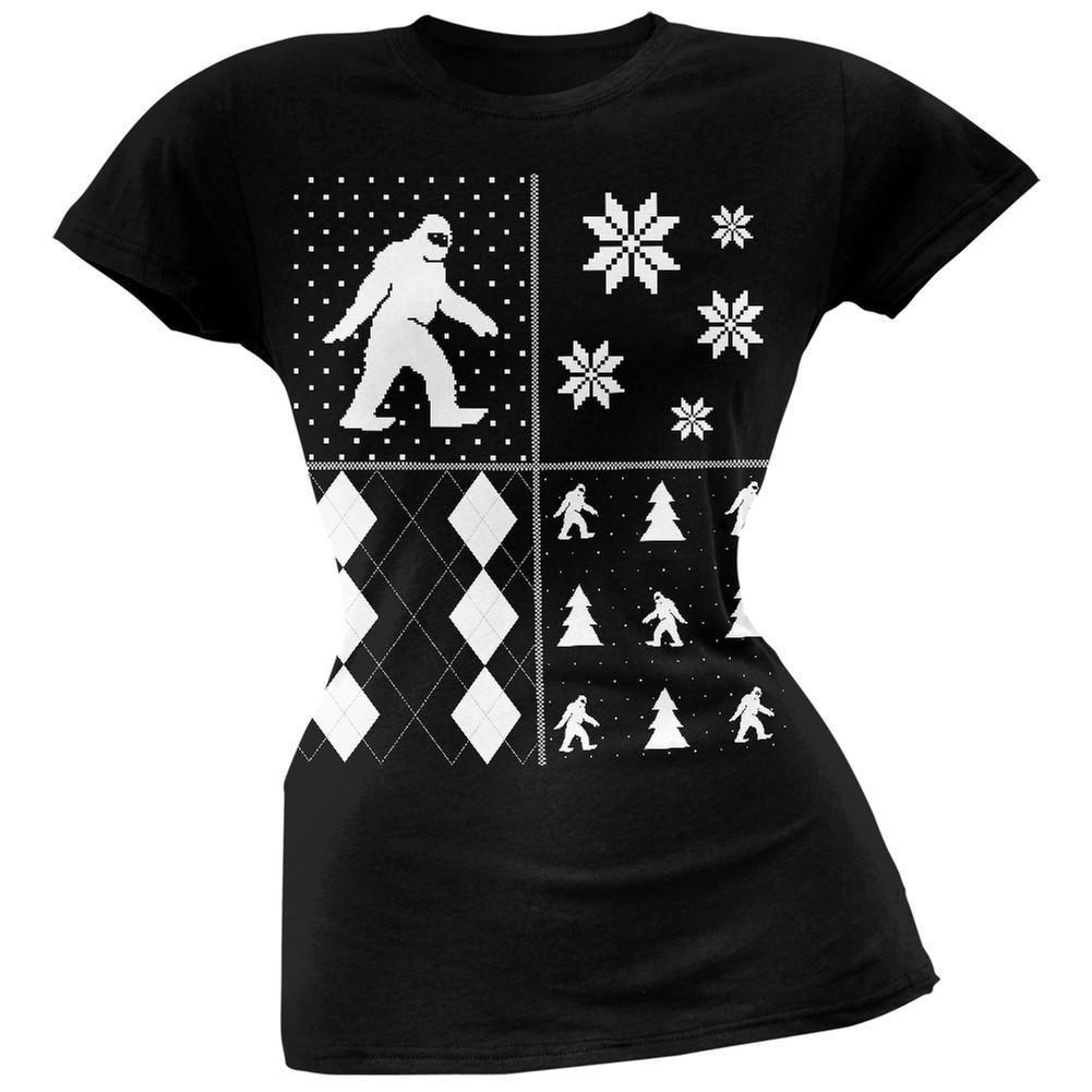 Sasquatch Festive Blocks Ugly Christmas Sweater Black Soft Juniors T-Shirt