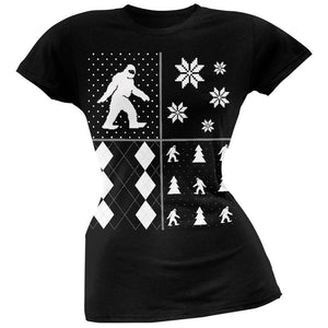 Sasquatch Festive Blocks Ugly Christmas Sweater Black Soft Juniors T-Shirt
